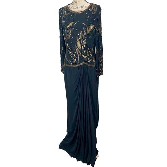 Vintage 1990s Victoria Royal Black & Gold Beaded Evening Dress Sz 14 - Picture 1 of 15
